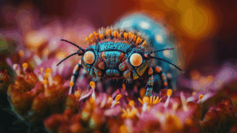 Vivid macro of a jewel-toned insect atop a flower, representing the overlooked beauty and intelligence of the non-human world - Gregg the Artivist - Kinship with the non-human world