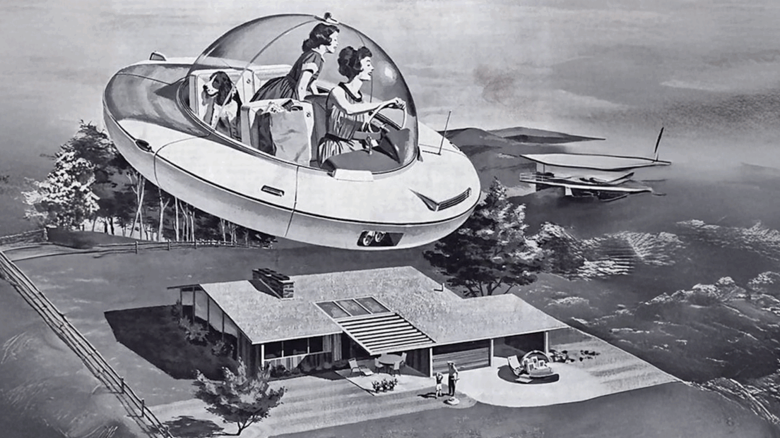 50's - 60's style black and white image of a mother and children in a flying saucer shaped vehicle flying over a suburban home