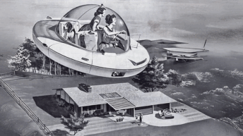 50's - 60's style black and white image of a mother and children in a flying saucer shaped vehicle flying over a suburban home