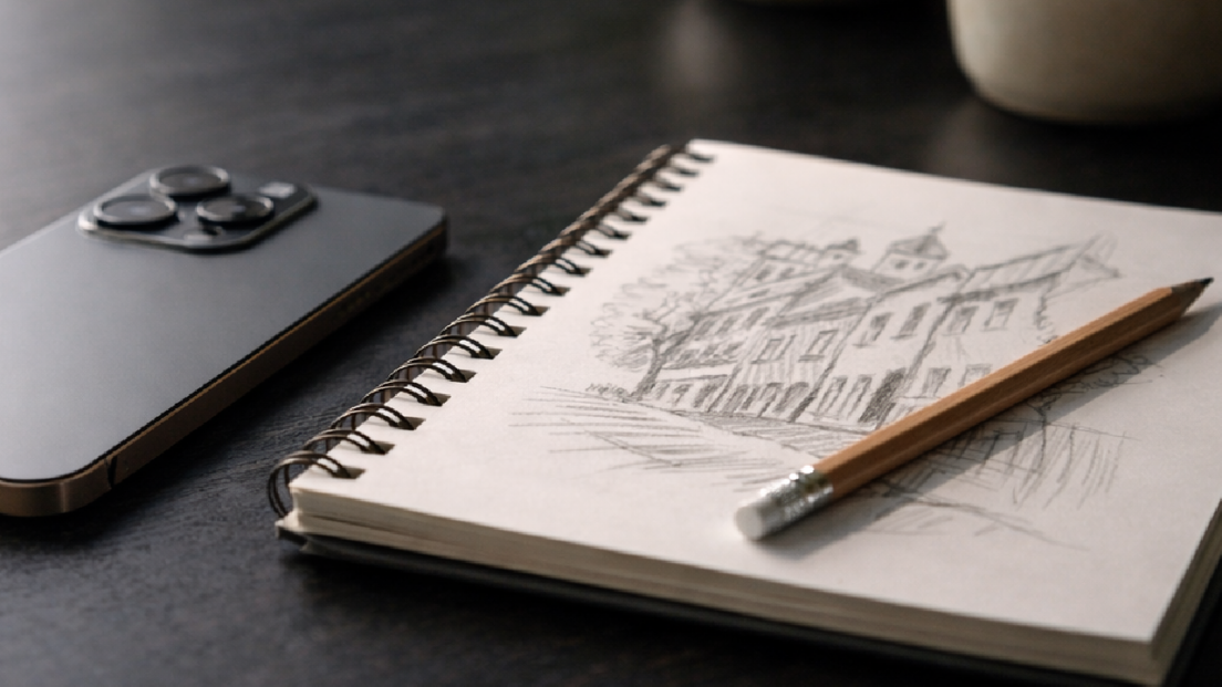 News detox reclaiming creativity from the outrage economy, an iPhone face down beside an open sketchbook with a pencil sketch, representing less doomscrolling, more long form journalism, and a Sunday weekly news check in