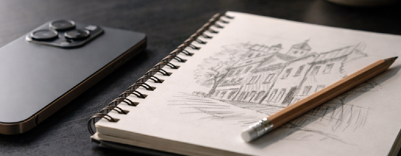 News detox reclaiming creativity from the outrage economy, an iPhone face down beside an open sketchbook with a pencil sketch, representing less doomscrolling, more long form journalism, and a Sunday weekly news check in