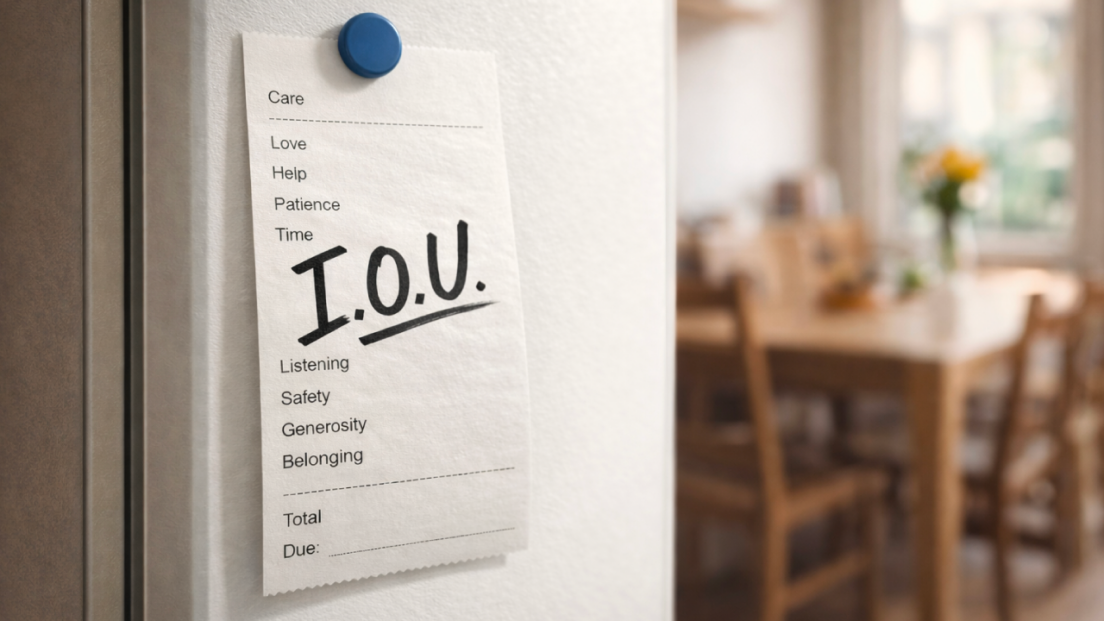 Give and Take Society: Close up poster style image of a receipt held by a blue magnet on the edge of a white fridge door, with I.O.U. handwritten across it. The background is softly blurred, showing a warm dining room with a table and chairs, creating a sense of place.