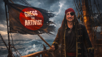 Live Like Pirates Because Clarity Is Not Coming First: Stormy pirate ship scene with Gregg in costume holding a rope on deck while a large black flag behind him displays the Gregg the Artivist red logo circle, with lightning and rough waves in the background, matching the article live like pirates and the message of clarity after motion.