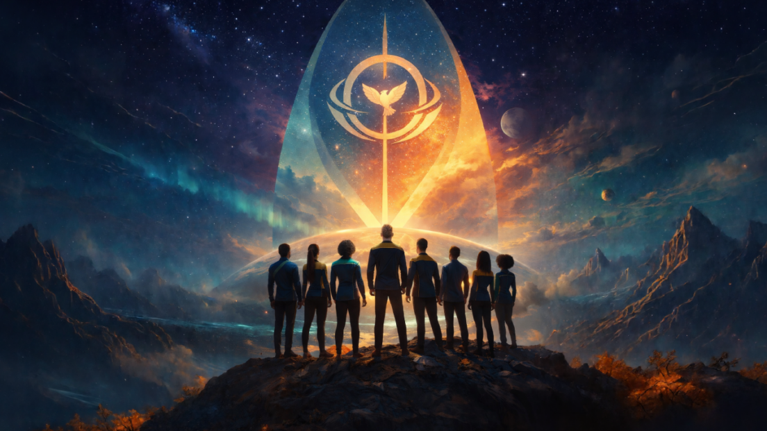 Seven Peace College students in navy and gold uniforms stand on a rocky ridge with their backs to the viewer, facing a glowing planet horizon. Above them, a monumental translucent crest shape fills the sky with a gold dove insignia inside a circle and orbit like arcs. Aurora light and storm clouds glow in teal and ember tones. This is a cinematic sci fi illustration, not a real photograph.