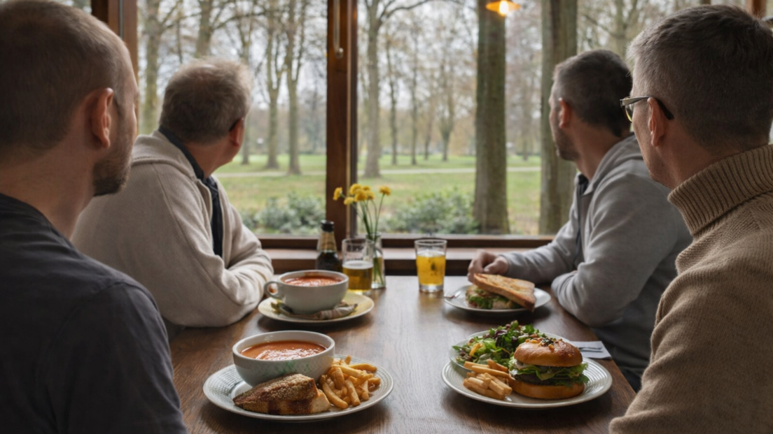 Romanticise a Better World: Four people sit around a wooden table in a café or restaurant beside a large floor to ceiling window overlooking a park with bare trees and winter light. None of their faces are fully visible, as they are shown mostly from behind or in profile while looking out toward the view. On the table are a bowl of tomato soup with bread and fries, a hamburger with fries and salad, a sandwich on a plate, drinks, and a small vase of yellow flowers. The mood is warm, quiet, and reflective, suggesting a thoughtful shared lunch conversation.