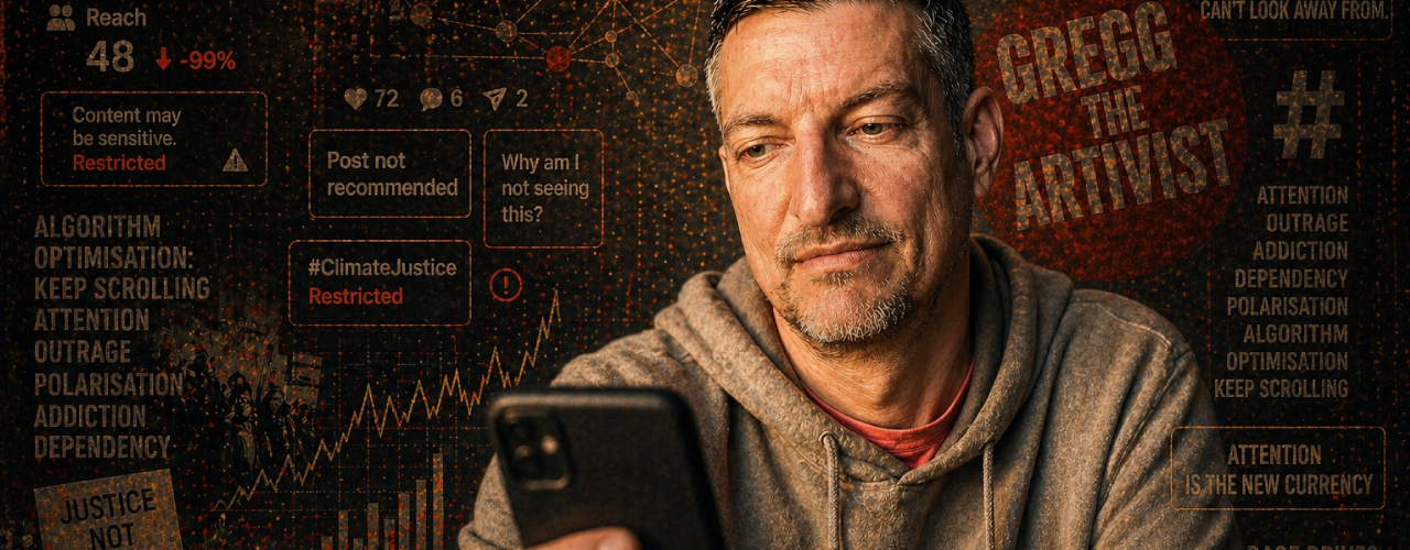 Wide cinematic website hero image for Activism and Algorithms. Gregg the Artivist looks at a phone in front of a dark grungy background filled with algorithmic overlays, social media metrics, declining reach numbers, restricted content warnings, network patterns, protest imagery and phrases about attention, outrage, addiction and dependency. A faded Gregg the Artivist logo appears behind him, suggesting the tension between activist visibility, platform power, digital dependency and meaningful impact.