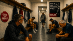 Give A Fuck cinematic website hero image in a painted editorial style showing a gym locker room with wooden benches, fluorescent lighting, and emotionally disconnected men sitting apart from each other while Gregg the Artivist observes quietly from the foreground. A motivational gym poster contrasts with the emotionally flat atmosphere, symbolising attention fragmentation, overstimulation, and the loss of everyday human connection.