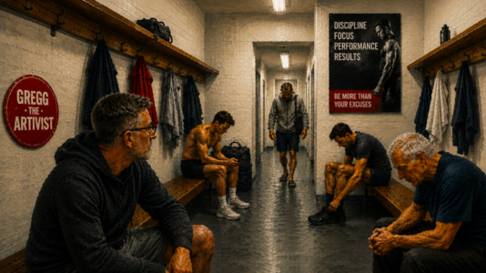 Give A Fuck cinematic website hero image in a painted editorial style showing a gym locker room with wooden benches, fluorescent lighting, and emotionally disconnected men sitting apart from each other while Gregg the Artivist observes quietly from the foreground. A motivational gym poster contrasts with the emotionally flat atmosphere, symbolising attention fragmentation, overstimulation, and the loss of everyday human connection.