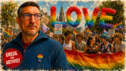 Pride The Hague: The Old Flag Pin feature image showing Gregg the Artivist wearing a rainbow pride pin while surrounded by a youthful Pride crowd carrying rainbow flags, trans rights signs, and a large rainbow banner beneath giant LOVE balloons.