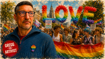 Pride The Hague: The Old Flag Pin feature image showing Gregg the Artivist wearing a rainbow pride pin while surrounded by a youthful Pride crowd carrying rainbow flags, trans rights signs, and a large rainbow banner beneath giant LOVE balloons.