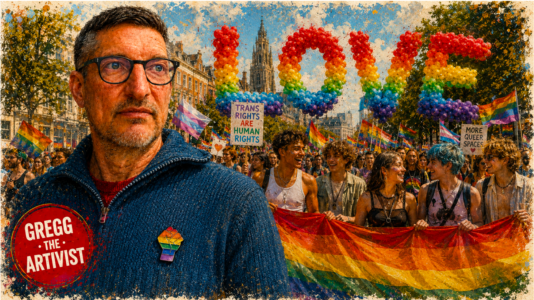 Pride The Hague: The Old Flag Pin feature image showing Gregg the Artivist wearing a rainbow pride pin while surrounded by a youthful Pride crowd carrying rainbow flags, trans rights signs, and a large rainbow banner beneath giant LOVE balloons.