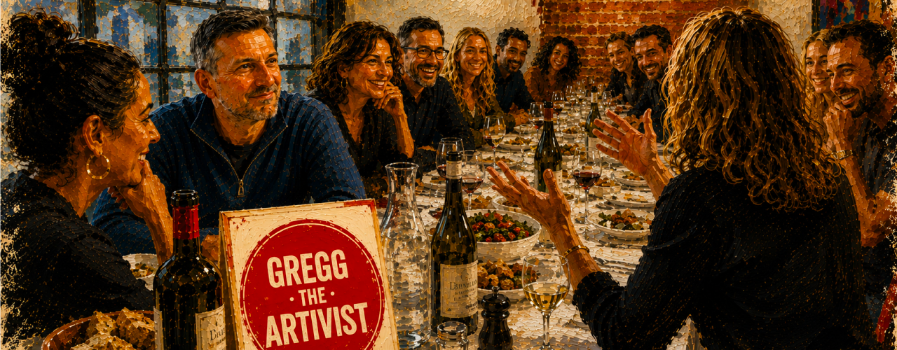 And Then We Moved On painterly editorial illustration showing Gregg the Artivist seated at a long white clothed dinner table inside a warm industrial style Amsterdam restaurant surrounded by friends during a birthday celebration. Guests listen and laugh as stories are shared across the table filled with food, bottles, glasses, and candlelight, reflecting themes of memory, friendship, emotional awareness, ageing, and human connection.