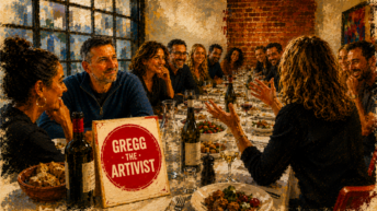 And Then We Moved On painterly editorial illustration showing Gregg the Artivist seated at a long white clothed dinner table inside a warm industrial style Amsterdam restaurant surrounded by friends during a birthday celebration. Guests listen and laugh as stories are shared across the table filled with food, bottles, glasses, and candlelight, reflecting themes of memory, friendship, emotional awareness, ageing, and human connection.