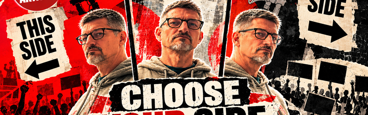 Editorial illustration exploring political polarisation for Gregg the Artivist’s article Choose Your Side. Three painted portraits of Gregg wearing glasses and a grey hoodie appear side by side, with the central portrait facing forward and the two outer portraits turned slightly outward. A distressed red, black and cream collage background features protesting crowds, megaphones, torn-paper textures and directional signs reading “THIS SIDE” and “THAT SIDE.” A large question mark appears above the central portrait, while bold lettering across the bottom reads “CHOOSE YOUR SIDE.” The Gregg the Artivist logo appears in the upper-left corner.