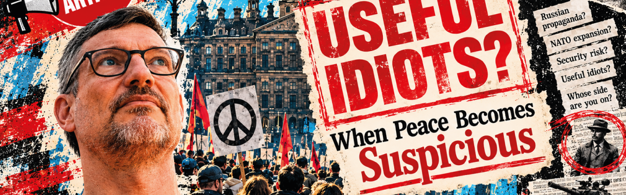 Mixed-media editorial collage illustrating the article When Peace Becomes Suspicious : Useful Idiots? by Gregg the Artivist. On the left, a portrait of Gregg Hone wearing black glasses and a red T-shirt looks thoughtfully upwards. Behind him, a crowd of peace demonstrators gathers in front of a historic European building, carrying red flags and a placard displaying the peace symbol. Large distressed red lettering reads “USEFUL IDIOTS?” with the subtitle “When Peace Becomes Suspicious” beneath it. A red circular Gregg the Artivist logo appears near the top. Torn newspaper fragments on the right contain questions including “Russian propaganda?”, “NATO expansion?”, “Security risk?” and “Whose side are you on?”. Additional collage elements include watchful eyes, a historical portrait circled in red, a military tank and a NATO emblem. The artwork uses layered paper textures, paint splatters and contrasting red, blue, black and cream colours to evoke political scrutiny, media narratives and the tension between peace activism and national security.