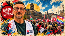 Peace and naivety: Editorial illustration of Gregg the Artivist wearing a De Nieuwe Vredesbeweging vest at the National Peace Protest in Amsterdam’s Dam Square, surrounded by a large crowd, peace flags and historic Amsterdam buildings.